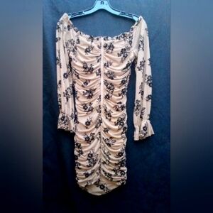 EVER B KHAKI & BLACK FLORAL PRINT RUCHED DRESS WOMEN'S SIZE M